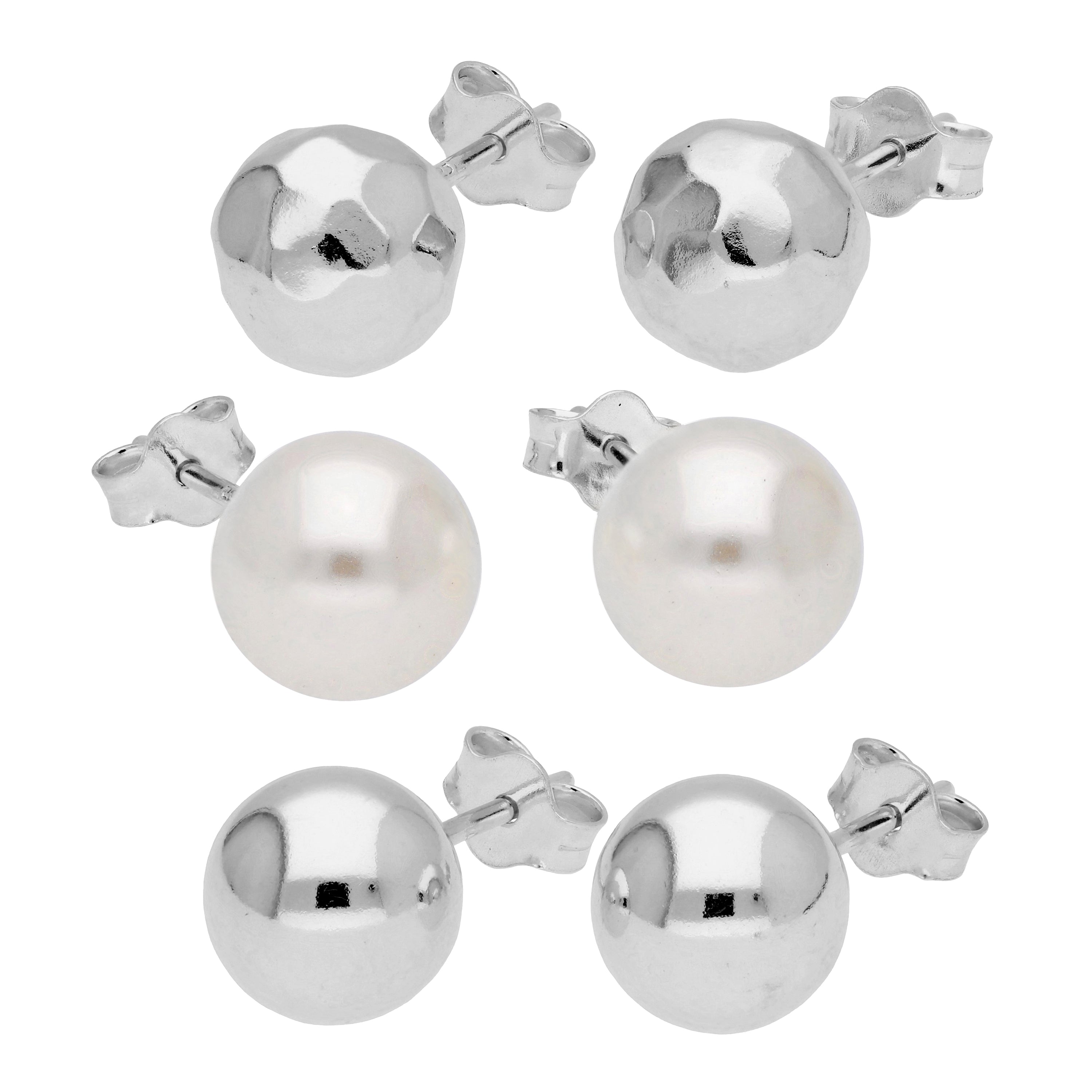 Silber Perle Einfach Gehämmert 8 mm Kugel Ohrstecker 3er Satz