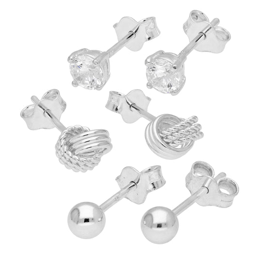 Sterlingsilber Knoten 4mm CZ & Kugel Ohrstecker 3er Satz