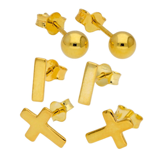 Gold Plated Sterling Silver Cross Bar Ball Stud Earrings Set - jewellerybox
