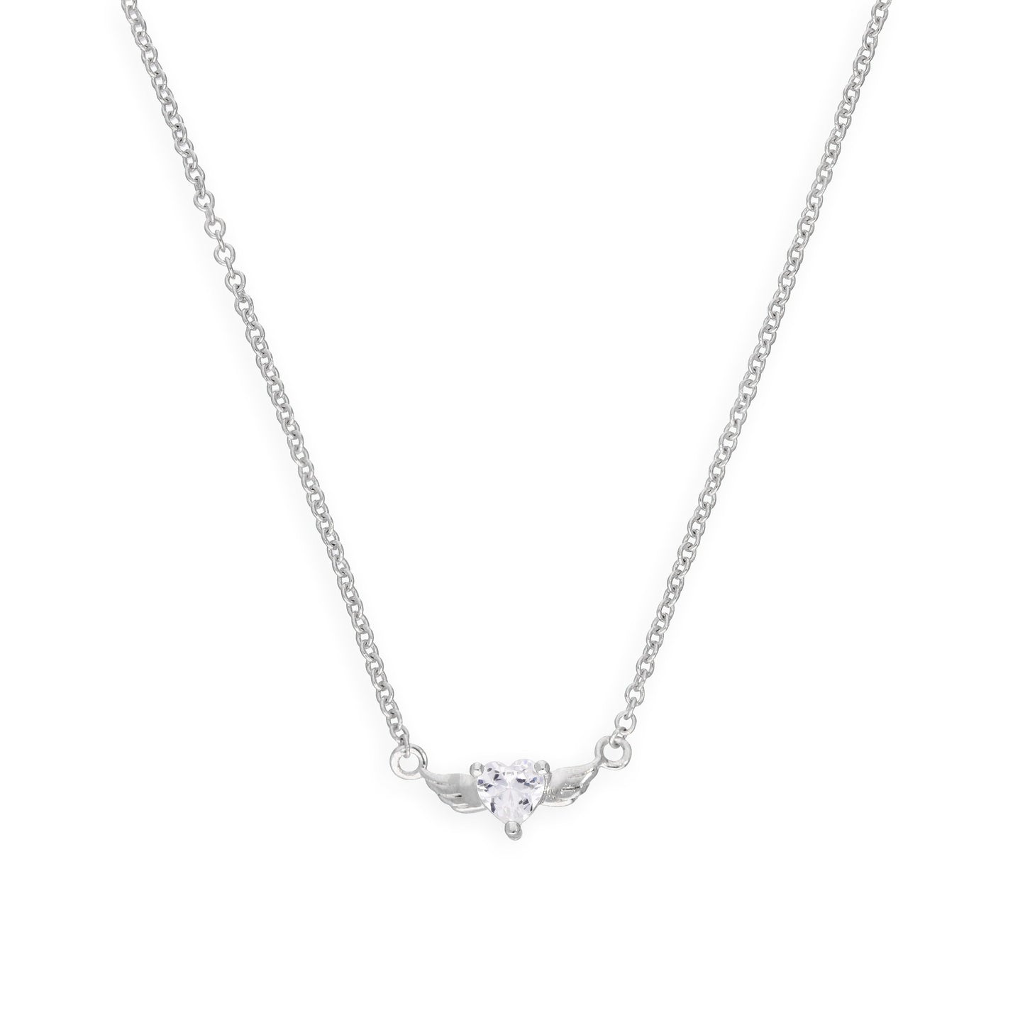 Sterling Silver & CZ Heart on Wings Necklace - 18 Inches