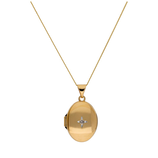 Ovales Medaillon aus 9 Karat Gold mit Diamant, Halskette, 16–20 Zoll