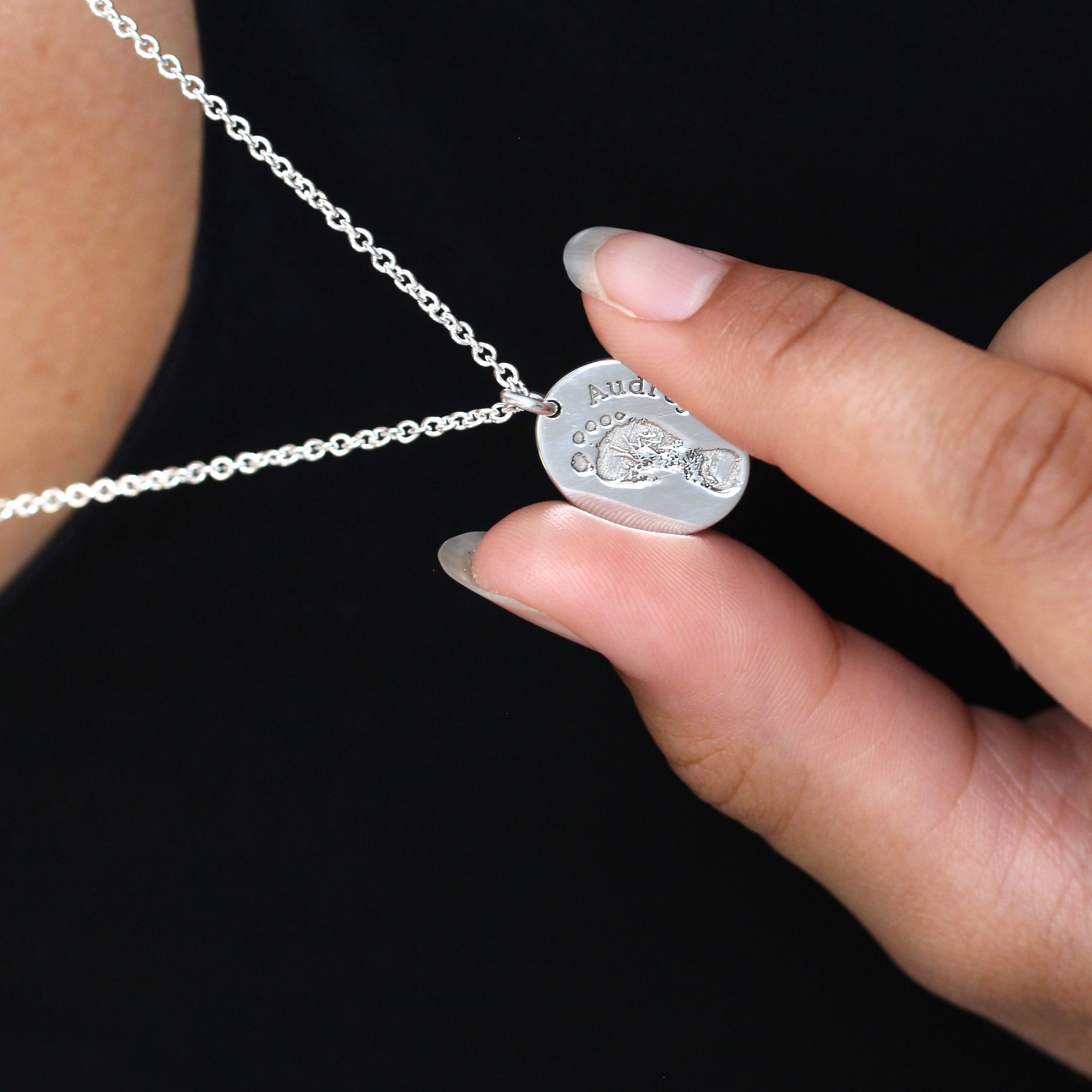 Maßgefertigt Sterlingsilber Fußabdruck Oval Name Halskette 16 - 61 cm