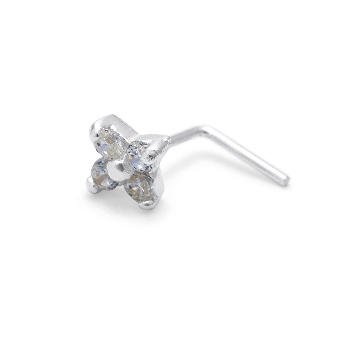 Sterling Silver 4 CZ Flower L-Shaped 24Ga Nose Stud