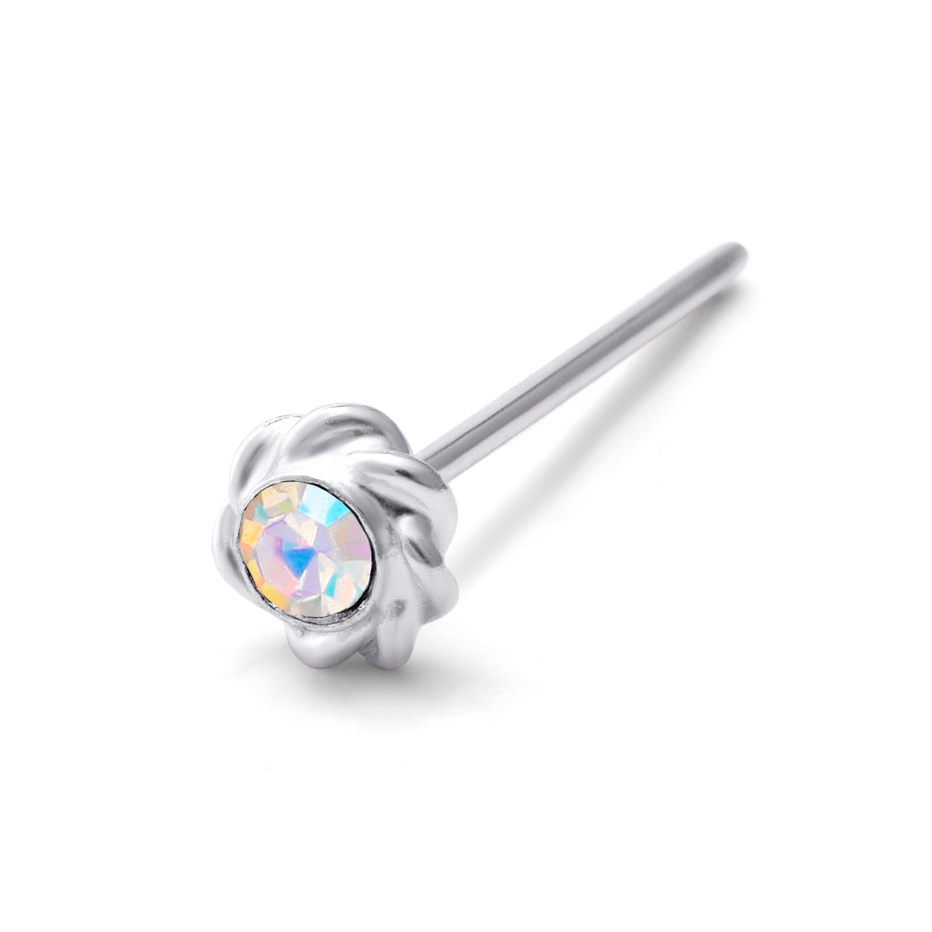 Sterlingsilber CZ Aurora Borealis Gedreht Blume Nasenstecker Gerades Ende