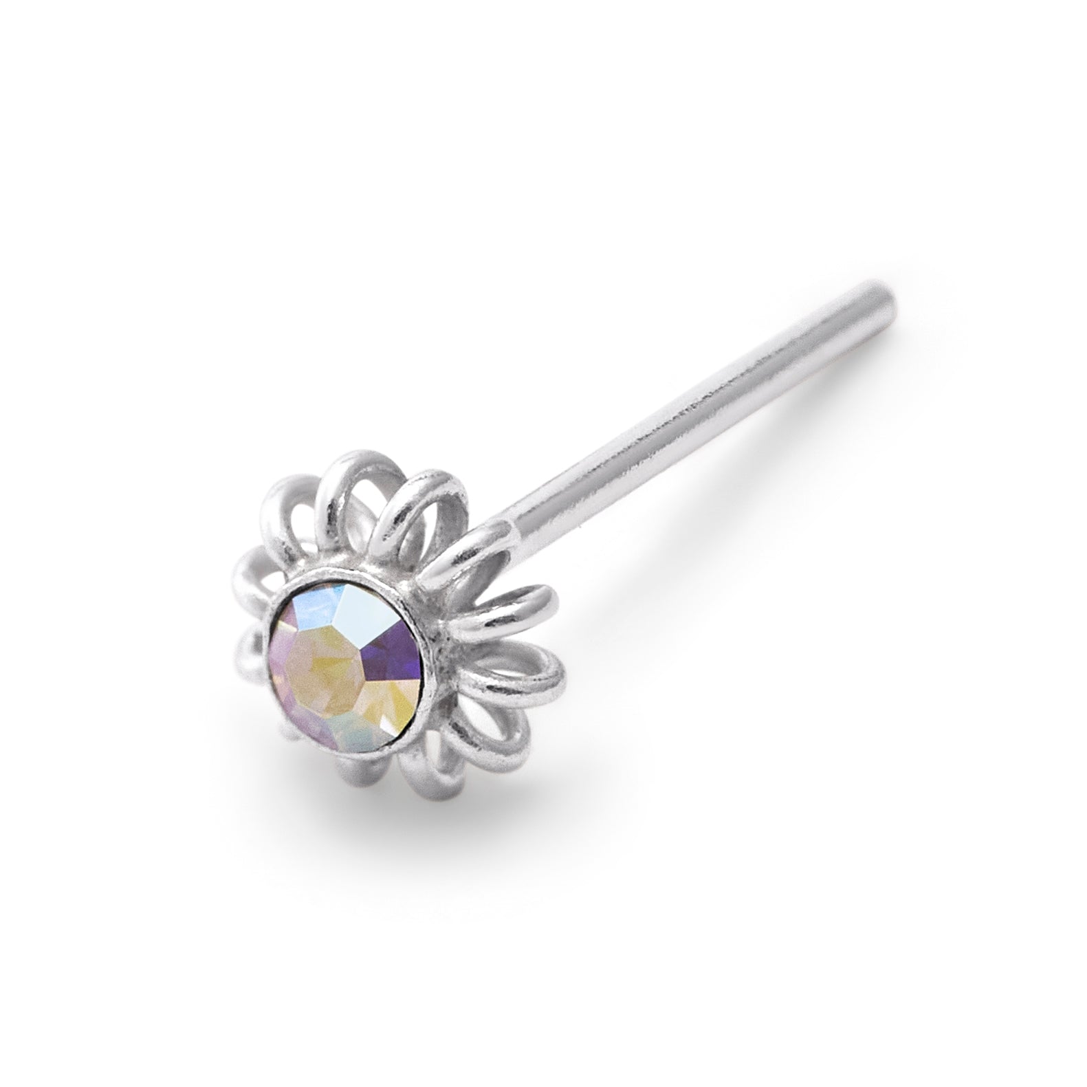 Sterlingsilber 2 mm Aurora Borealis CZ Gewunden Blume 24Ga Nasenstecker