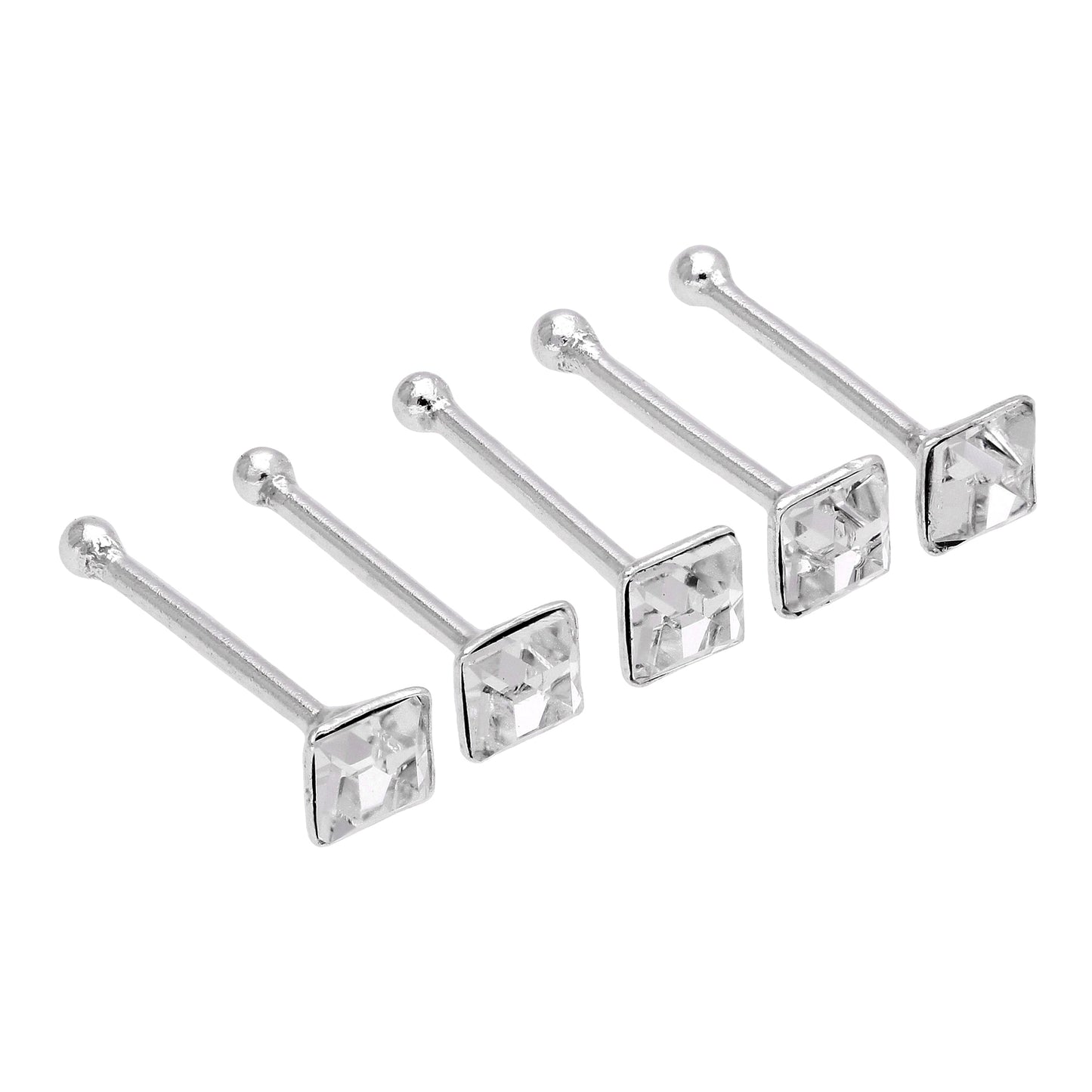 Sterlingsilber Klar Quadratisch Kristall Nasenstecker Kugelende 5er Satz