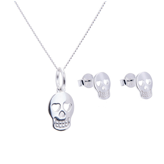 Set aus Ohrsteckern und Halskette mit Totenkopf und Herz aus Sterlingsilber, 14–32 Zoll