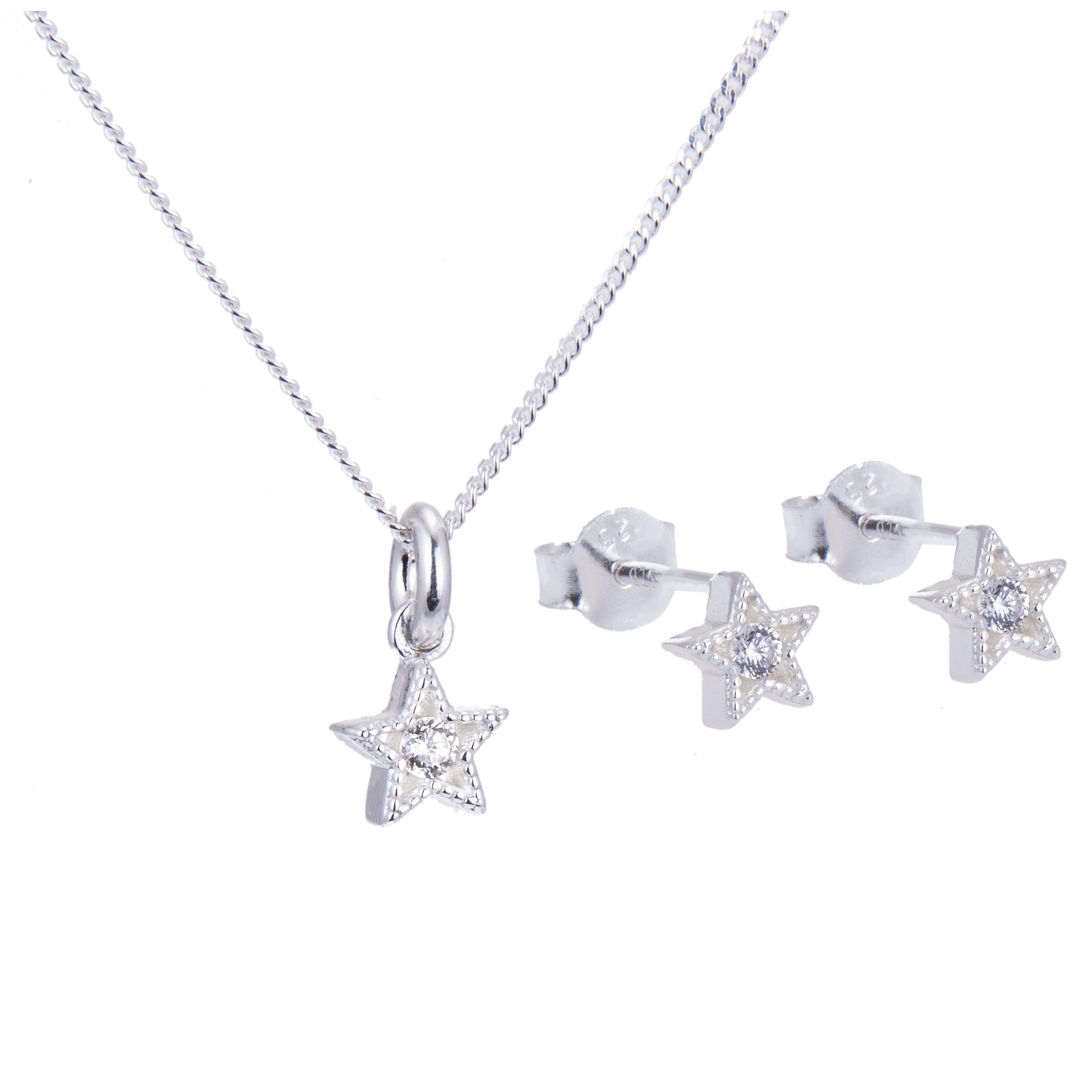 Sterlingsilber CZ Stern Ohrstecker & Halskette Satz 14 - 81,5 cm