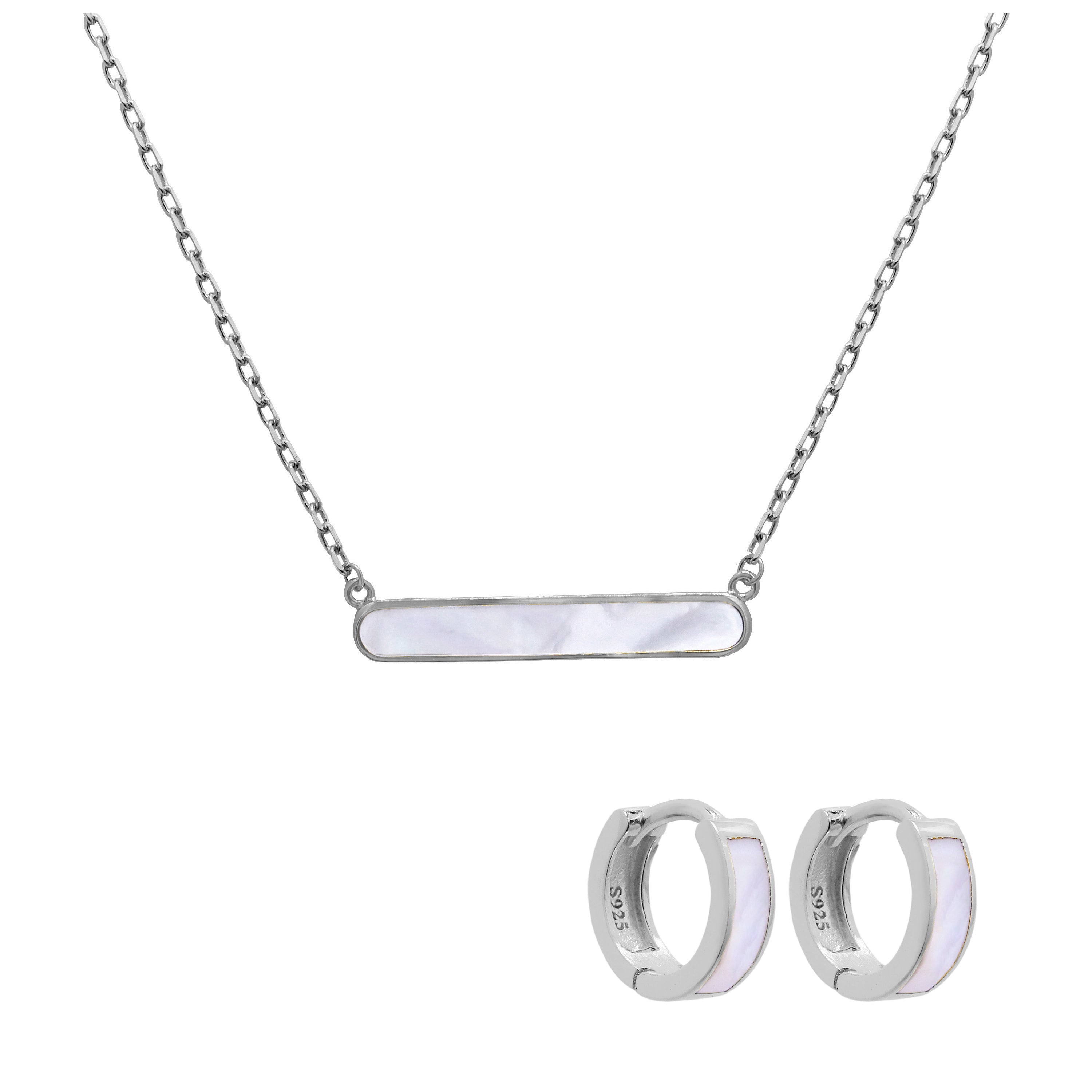 Sterlingsilber 10 mm Klappcreolen Ohrringe & Perlmutt Stange Halskette Satz