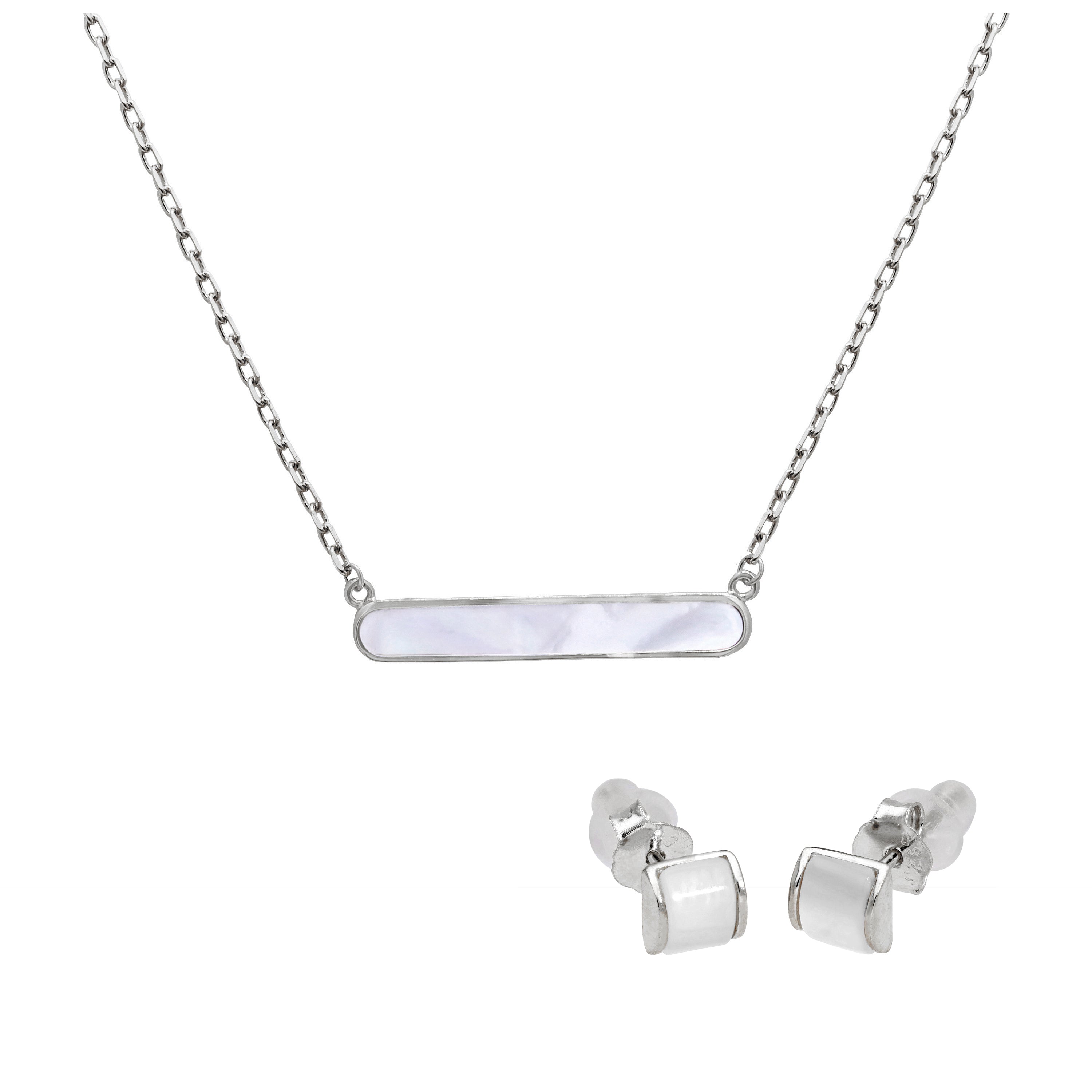 Sterlingsilber Gewölbt Perlmutt Ohrstecker & 45,5 cm Stange Halskette Satz
