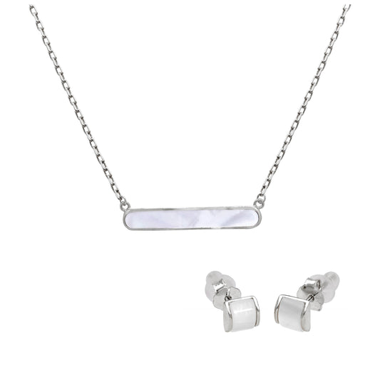 Sterlingsilber Gewölbt Perlmutt Ohrstecker & 45,5cm Stange Halskette Satz
