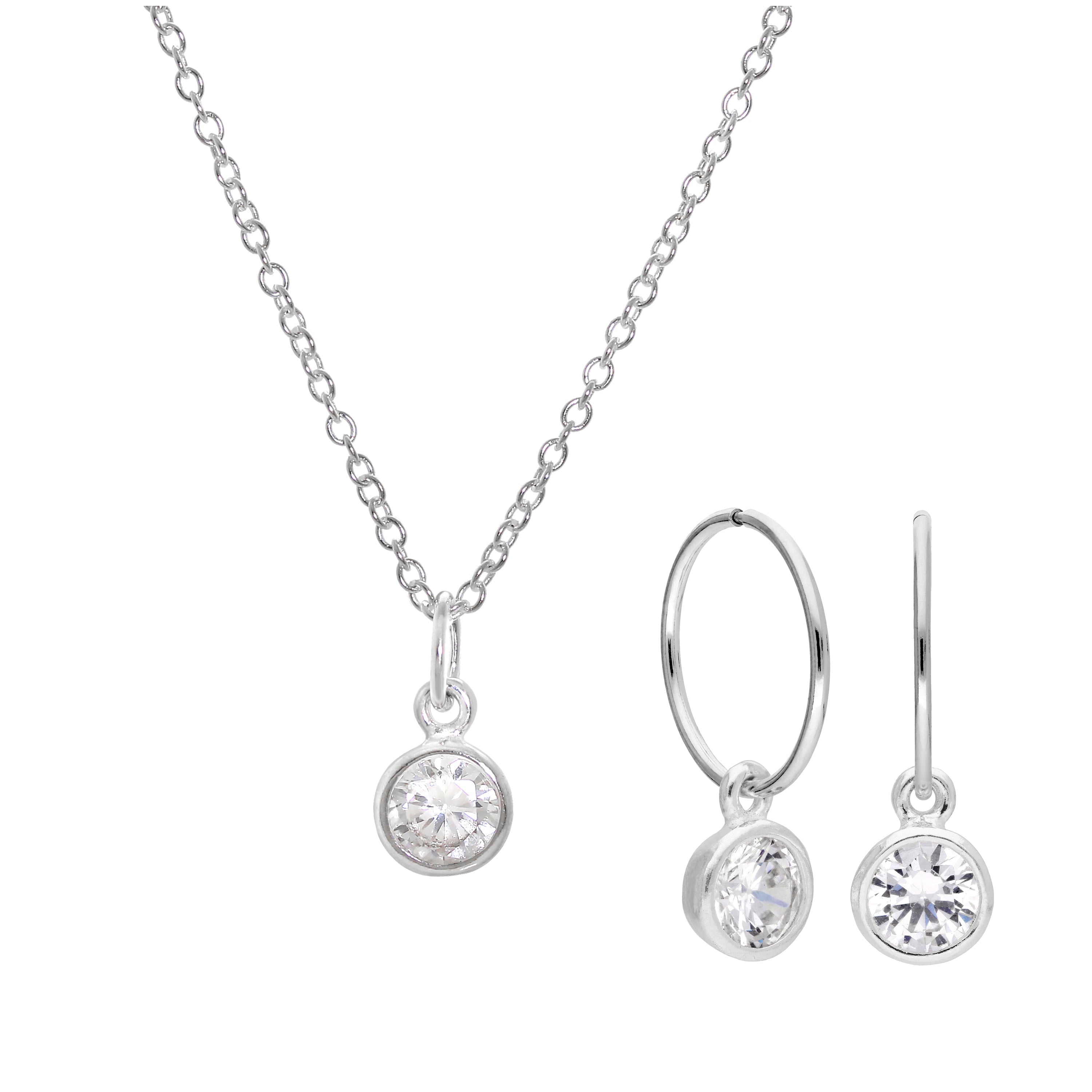 Sterlingsilber CZ Überschliff 12 mm Creolen Ohrringe & Halskette Satz 40,5 - 81 cm