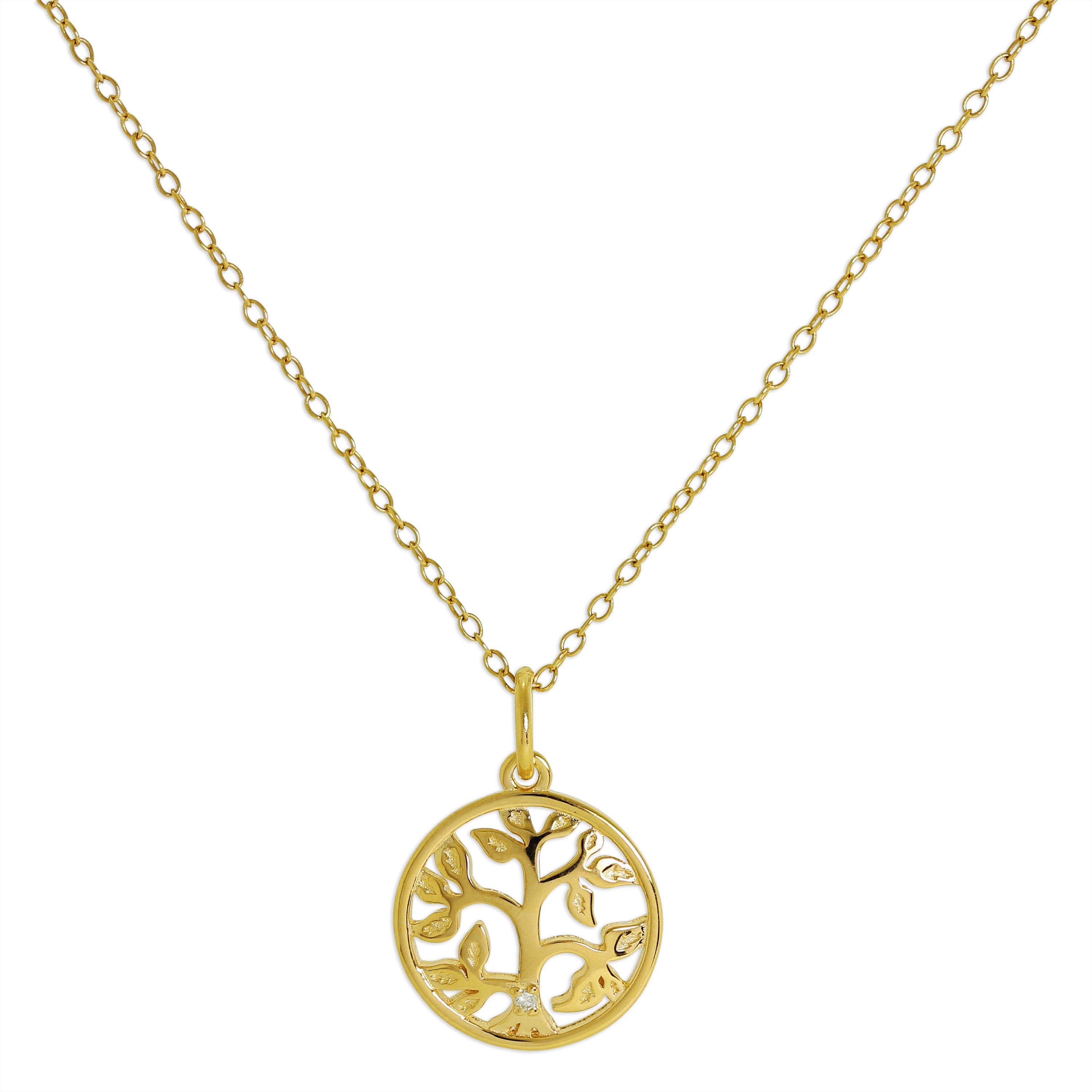 Vergoldete Halskette aus Sterlingsilber mit echtem Diamant und Baum des Lebens 14–22 Zoll