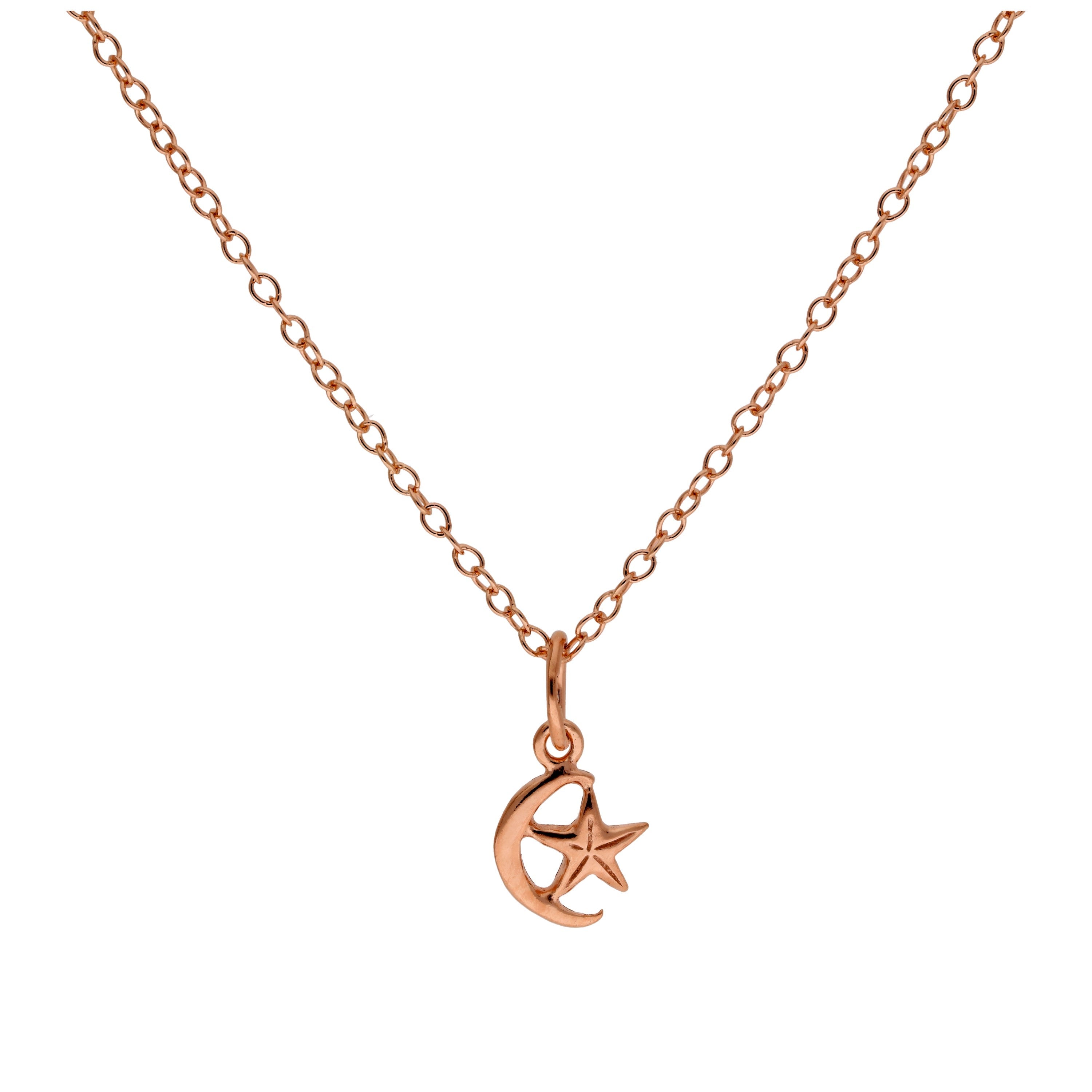 Kleine Halskette aus rosévergoldetem Sterlingsilber mit Mond und Stern 14–22 Zoll
