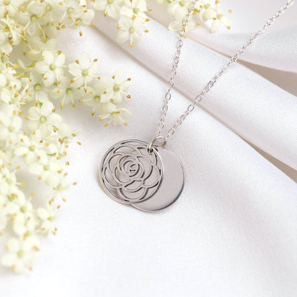 Sterling Silver June Rose Birth Flower & 13mm Engravable Tag Necklace 14 - 22 Inches