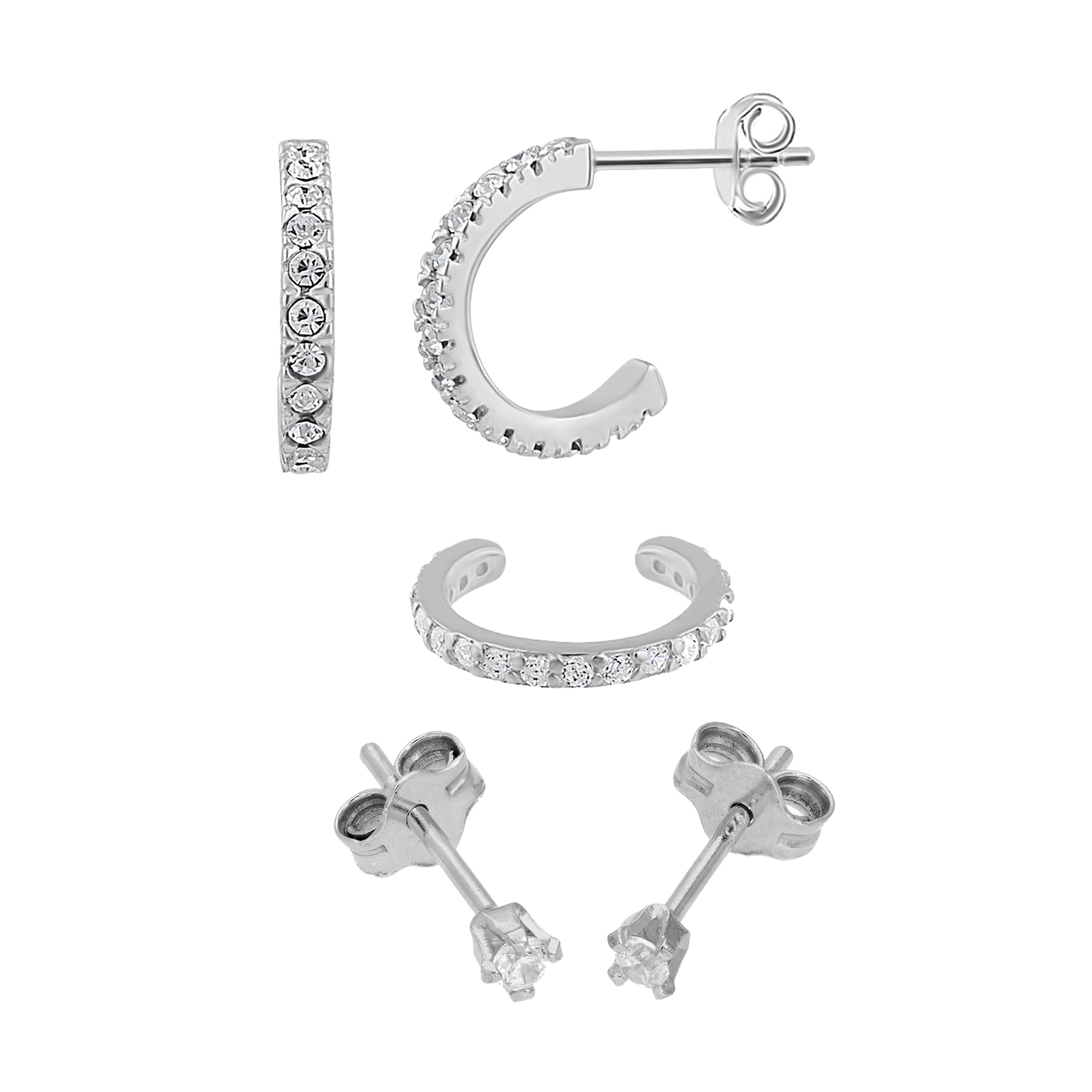 Sterlingsilber CZ 10 mm Creolen Ohrstecker & CZ Manschetten Ohrringe Satz