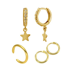 Set aus Huggie-Creolen, Creolen und Ear Cuff aus vergoldetem Sterlingsilber mit Sternen