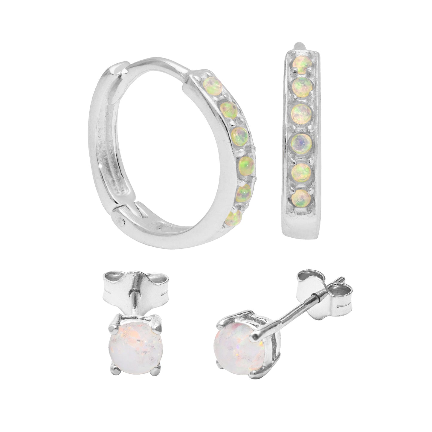 Sterling Silver Opal CZ 15mm Huggies & 4mm Stud Earrings Set