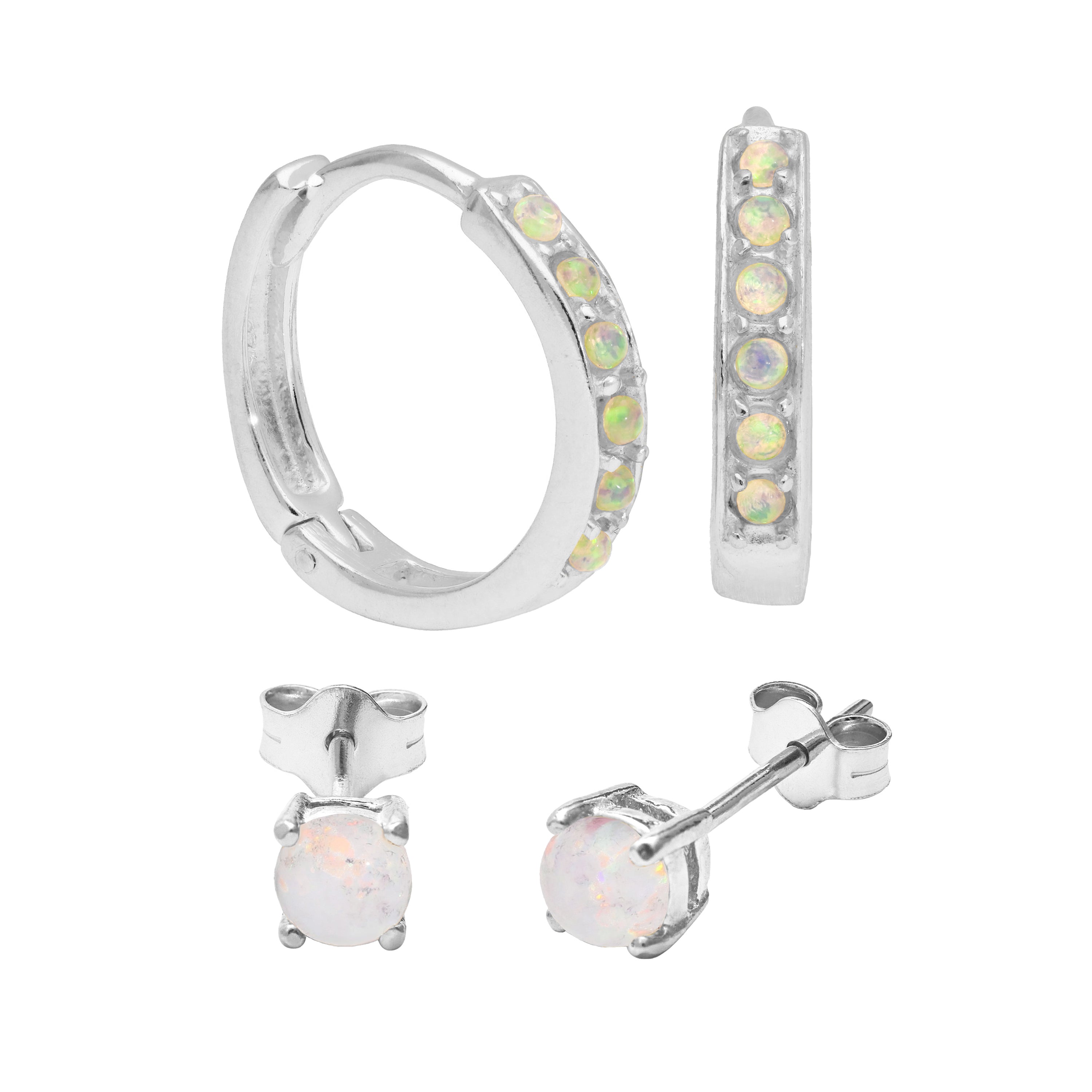 Sterlingsilber Opal CZ 15 mm Klappcreolen Ohrringe & 4 mm Ohrstecker Satz