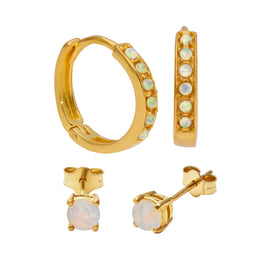 Vergoldet Sterlingsilber Opal 15 mm Klappcreolen Ohrringe & 4 mm Ohrstecker Satz