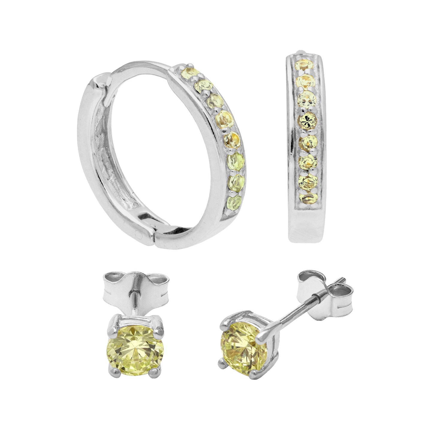 Sterling Silver Peridot CZ Huggies & 4mm Stud Earrings Set