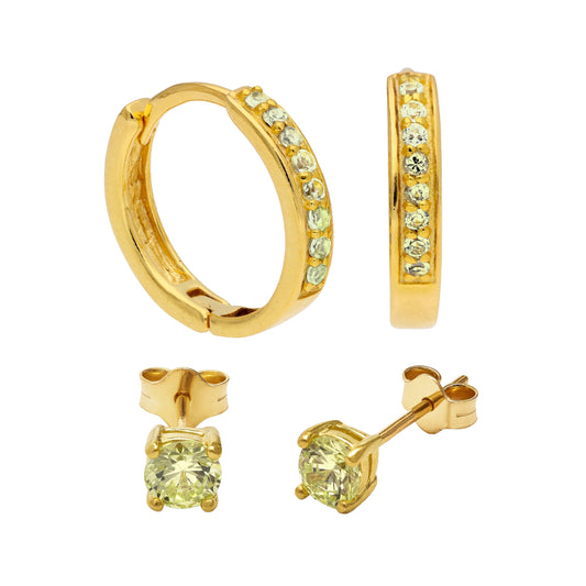 Gold Plated Sterling Silver Peridot CZ Huggies & 4mm Stud Earrings Set