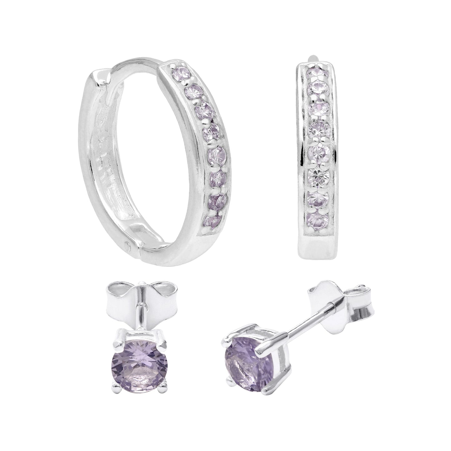 Sterling Silver Alexandrite CZ Huggies & 4mm Stud Earrings Set