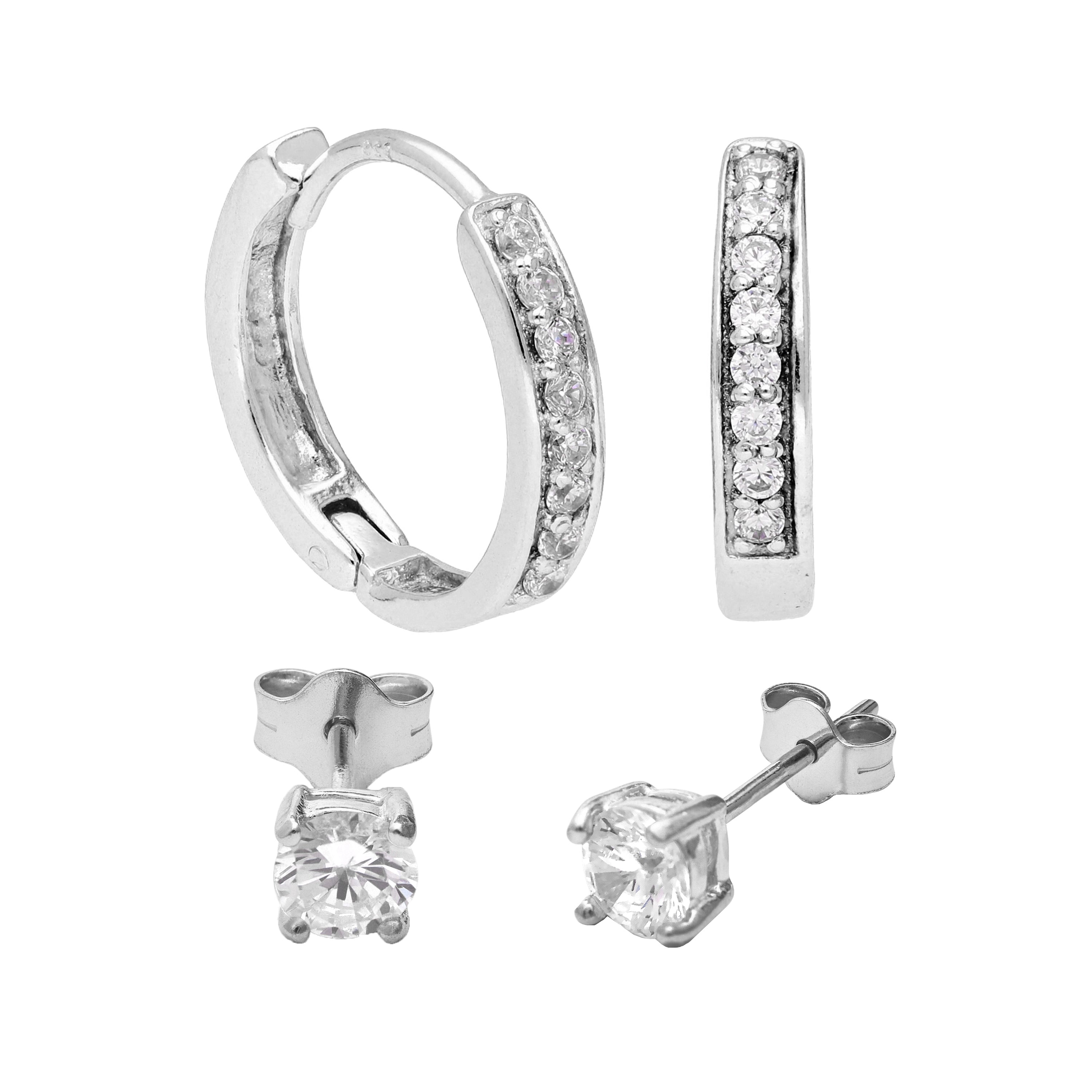 Sterlingsilber CZ 15 mm Klappcreolen Ohrringe & 4 mm Ohrstecker Satz
