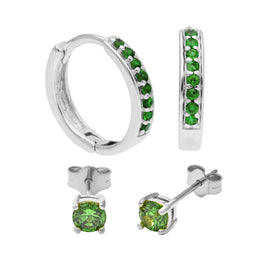 Sterlingsilber Smaragd CZ Huggies & 4 mm Ohrstecker Set