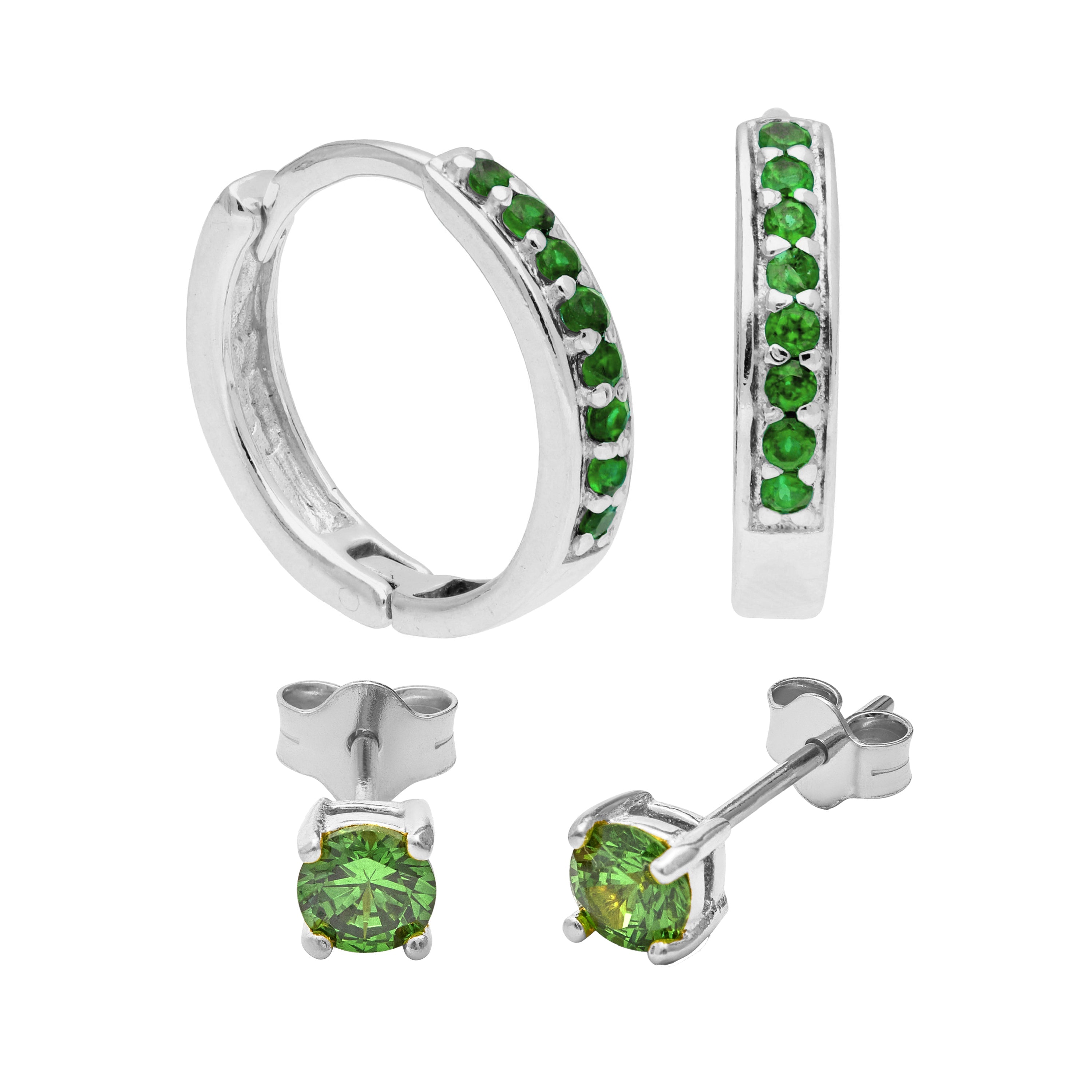 Sterlingsilber Smaragd CZ Huggies & 4 mm Ohrstecker Set