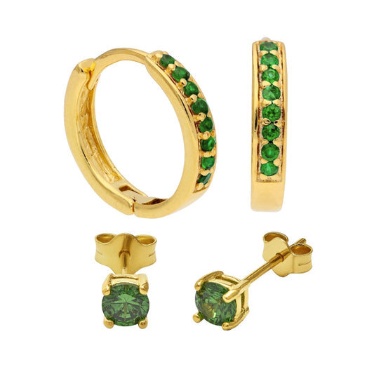 Gold Plated Sterling Silver Emerald CZ Huggies & 4mm Stud Earrings Set - jewellerybox