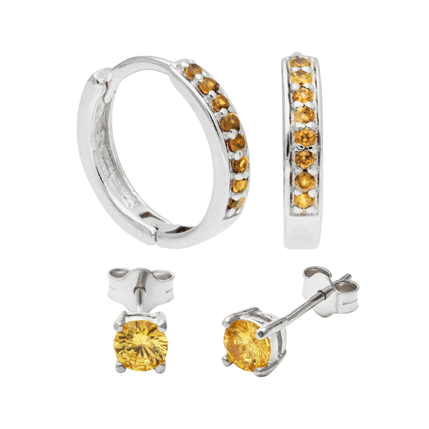 Sterling Silver Citrine CZ Huggies & 4mm Stud Earrings Set