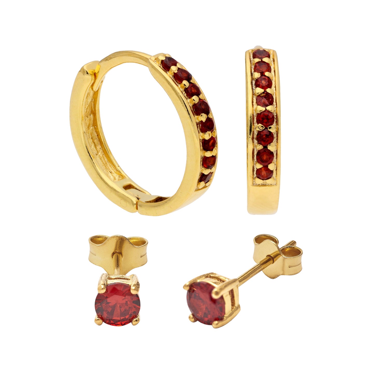 Gold Plated Sterling Silver Garnet CZ Huggies & 4mm Stud Earrings Set