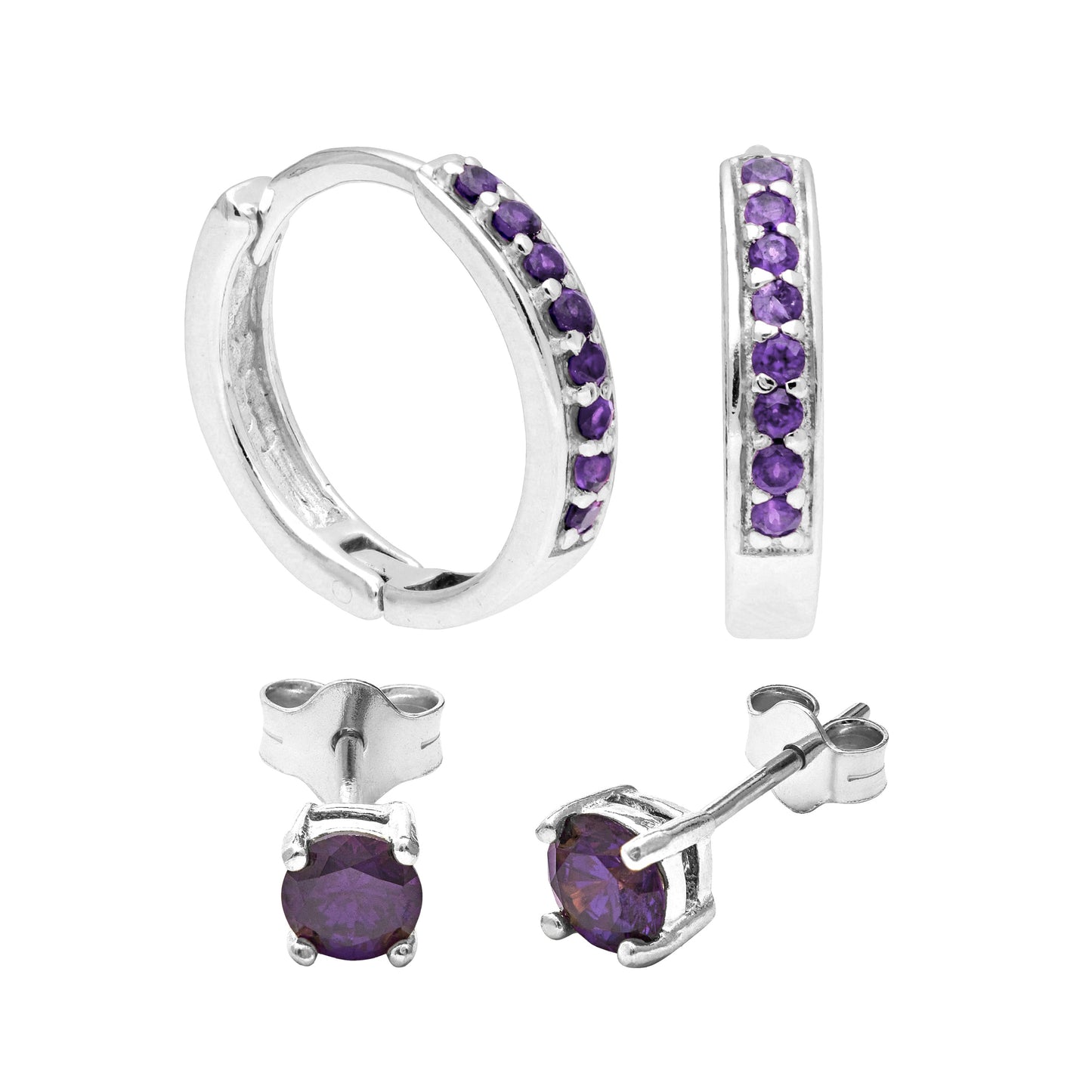 Sterlingsilber Amethyst CZ Klappcreolen Ohrringe & 4mm Ohrstecker Satz