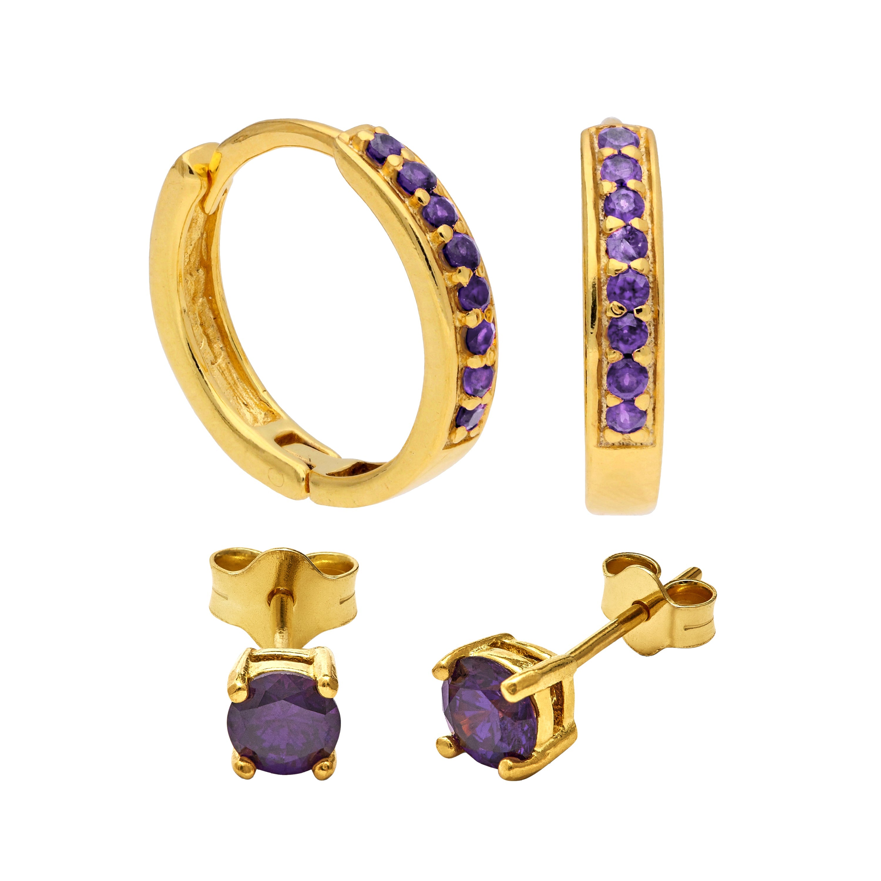 Vergoldet Sterlingsilber Amethyst CZ Klappcreolen Ohrringe & 4 mm Ohrstecker Satz