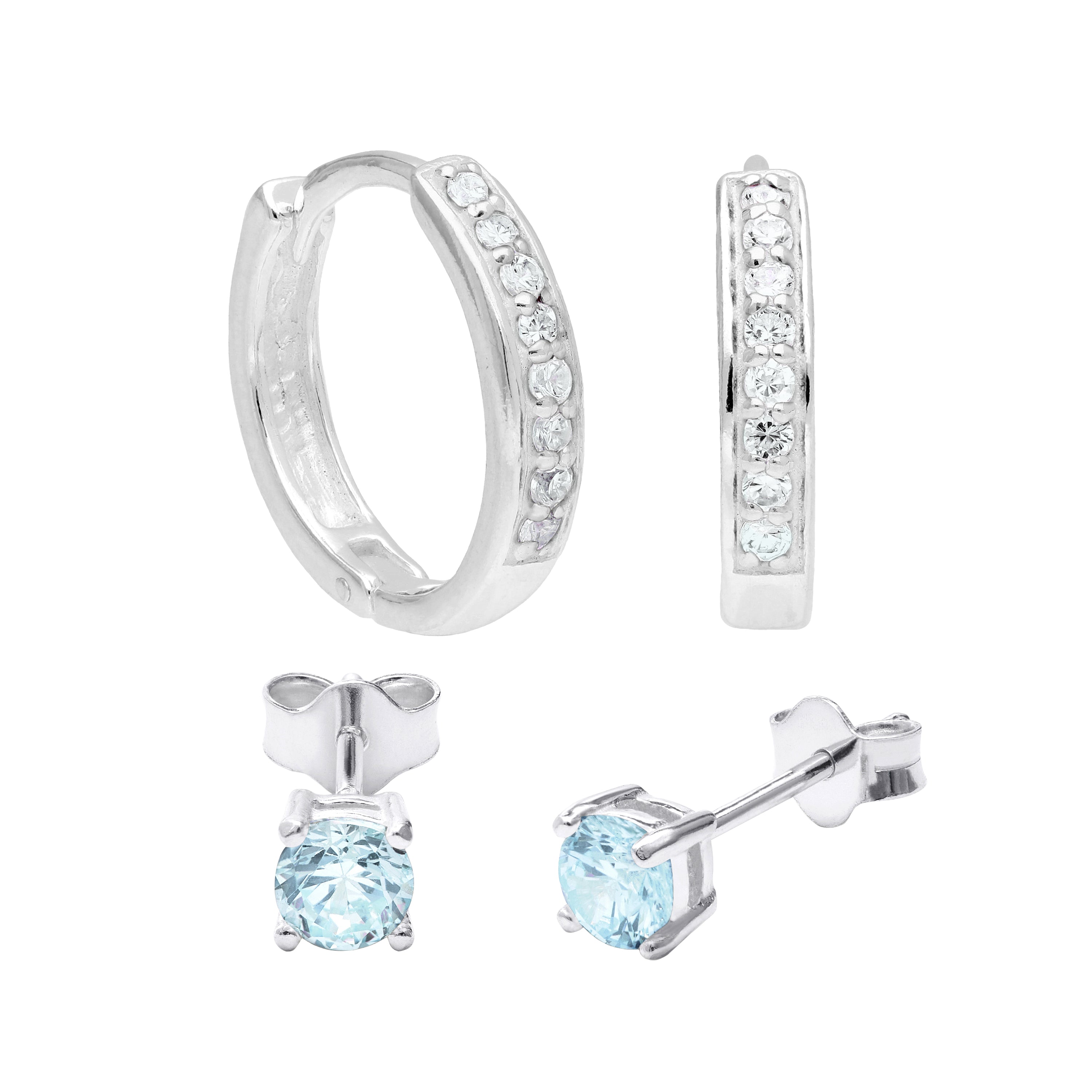 Sterlingsilber Aquamarin CZ Klappcreolen Ohrringe & 4 mm Ohrstecker Satz