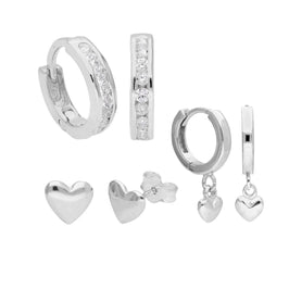 Sterlingsilber CZ & Herz Klappcreolen Ohrringe & Ohrstecker Satz