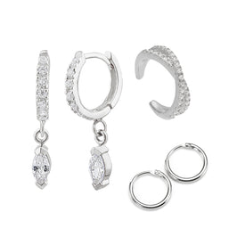 Set aus Charm-Huggie-Creolen, Creolen und Kreuz-Ear-Cuff aus Sterlingsilber mit Zirkonia
