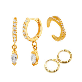 Vergoldet Sterlingsilber CZ Creolen Ohrringe & 10 mm Creolen Ohrringe & Kreuz Ohrmanschette Satz