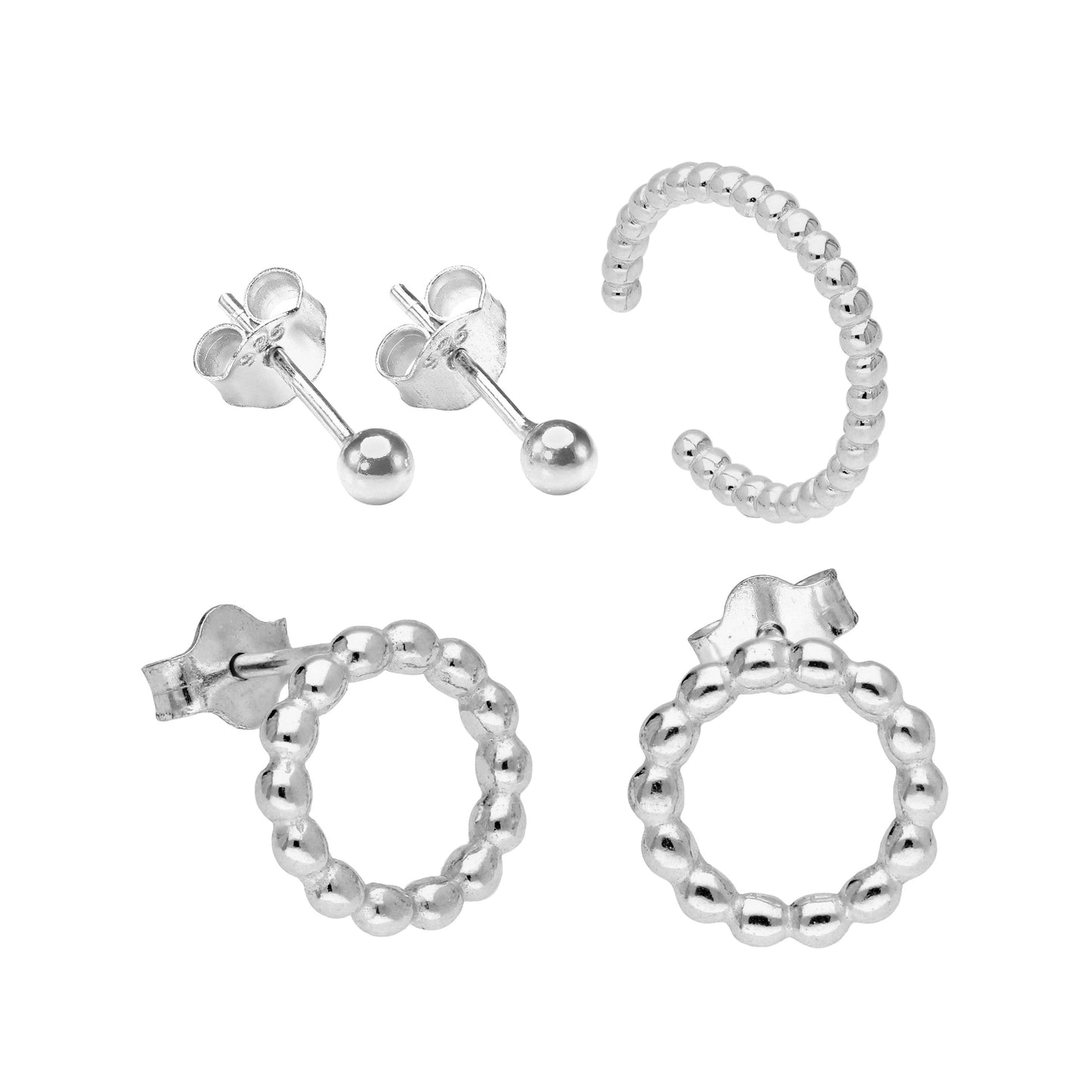 Sterling Silver Bobble & 3mm Ball Studs & Cuff Earrings Set