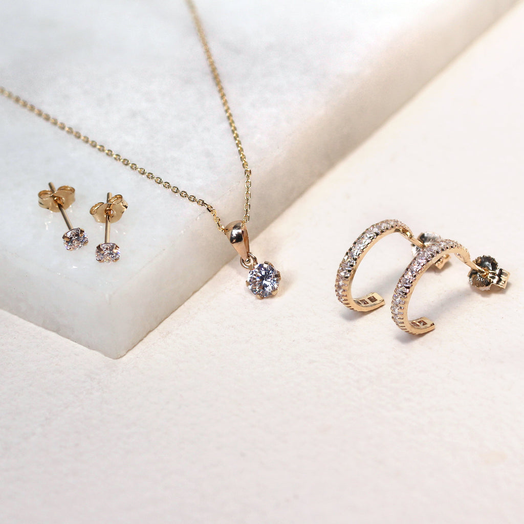 Halskette aus 9 Karat Gold mit 5 mm rundem klarem CZ in Krappenfassung, 16-20 Zoll