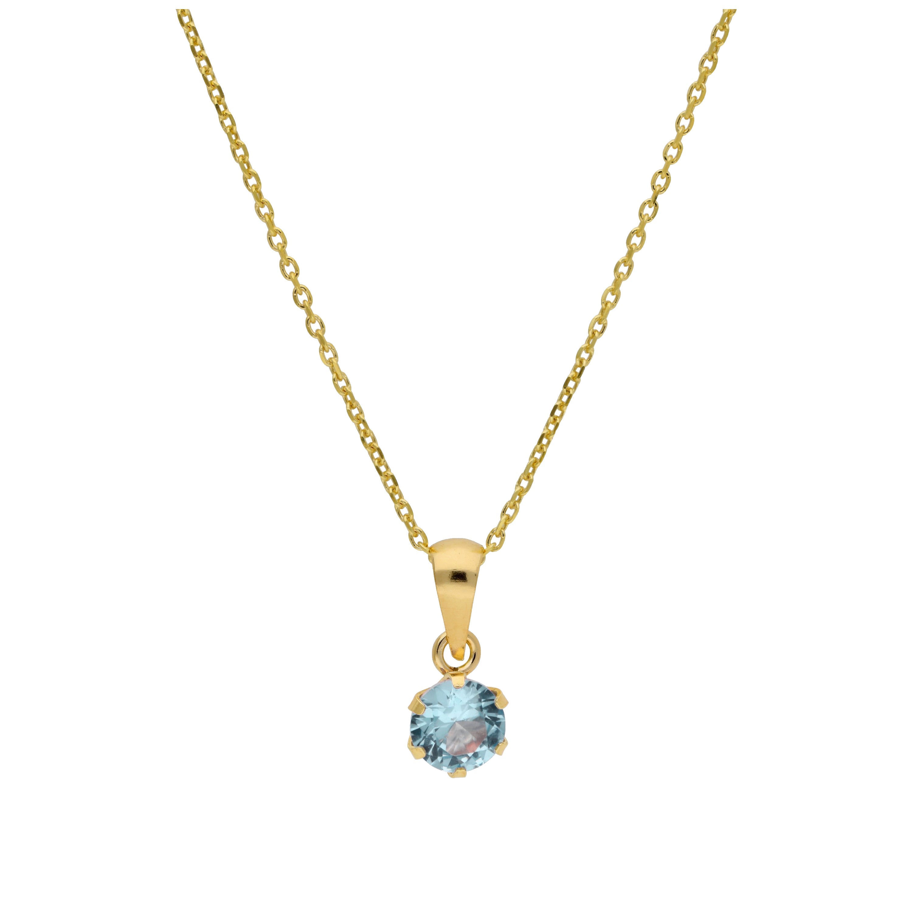 Halskette aus 9 Karat Gold mit 5 mm runden Aquamarin-CZ-Steinen in Krappenfassung, 16–20 Zoll