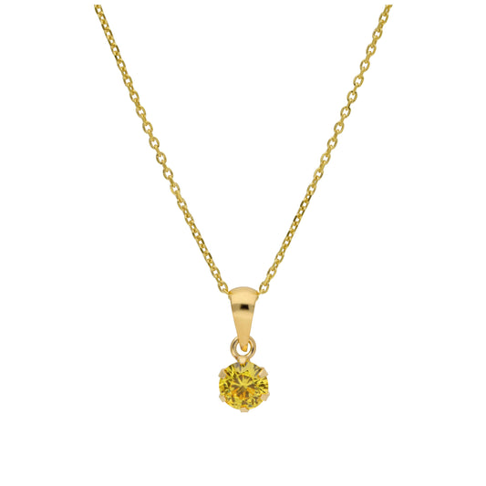 9ct Gold 5mm Round Claw Citrine CZ Necklace 16 - 20 Inches