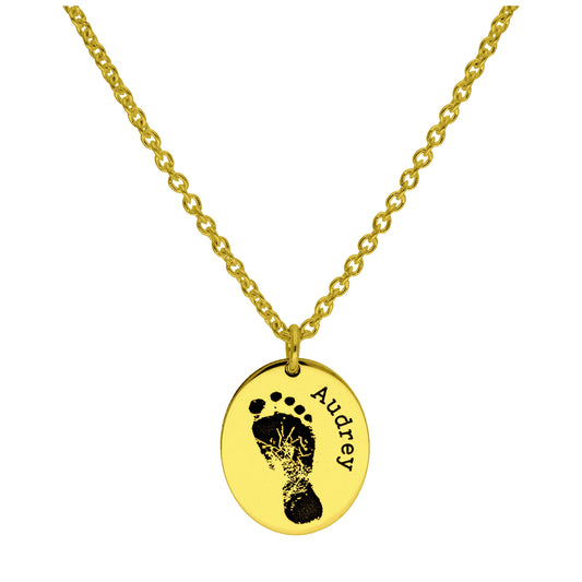 Bespoke Gold Plated Sterling Silver Footprint Oval Name Necklace 16 - 24 Inches