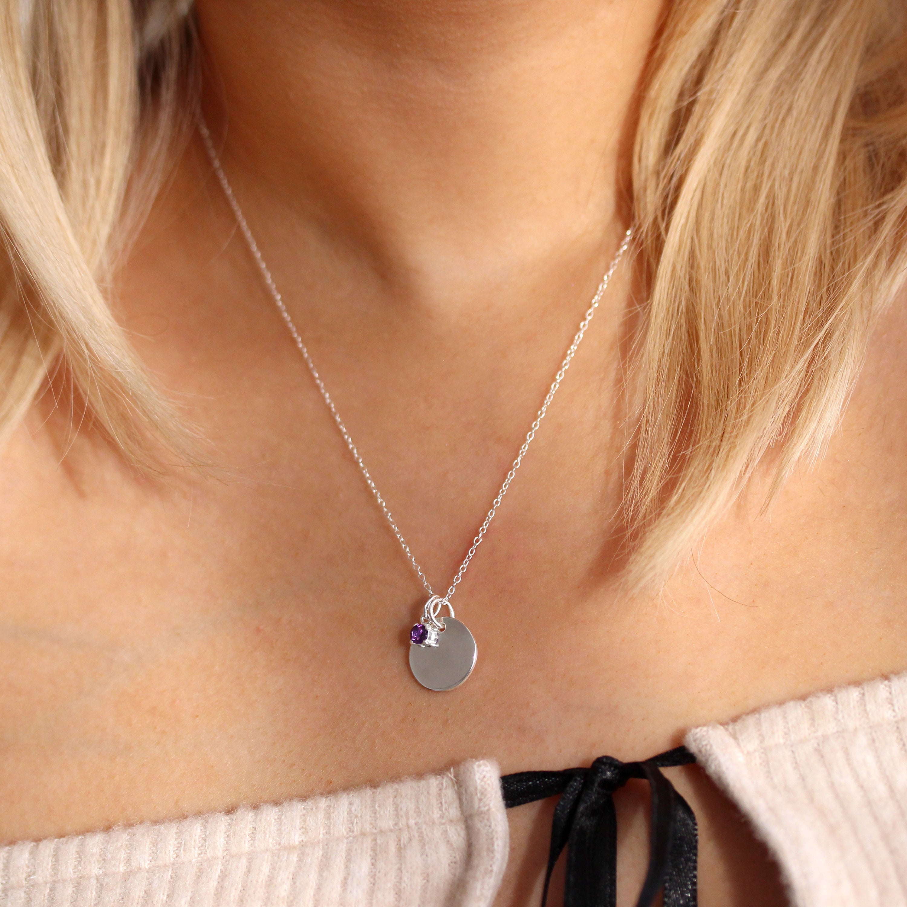Sterlingsilber CZ Birthstone & Round Engravable Tag Halskette 14 - 22 Zoll