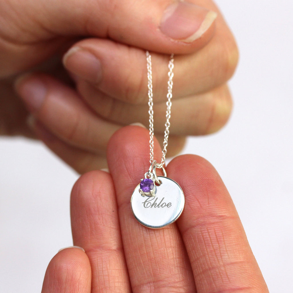Sterlingsilber CZ Birthstone & Round Engravable Tag Halskette 14 - 22 Zoll