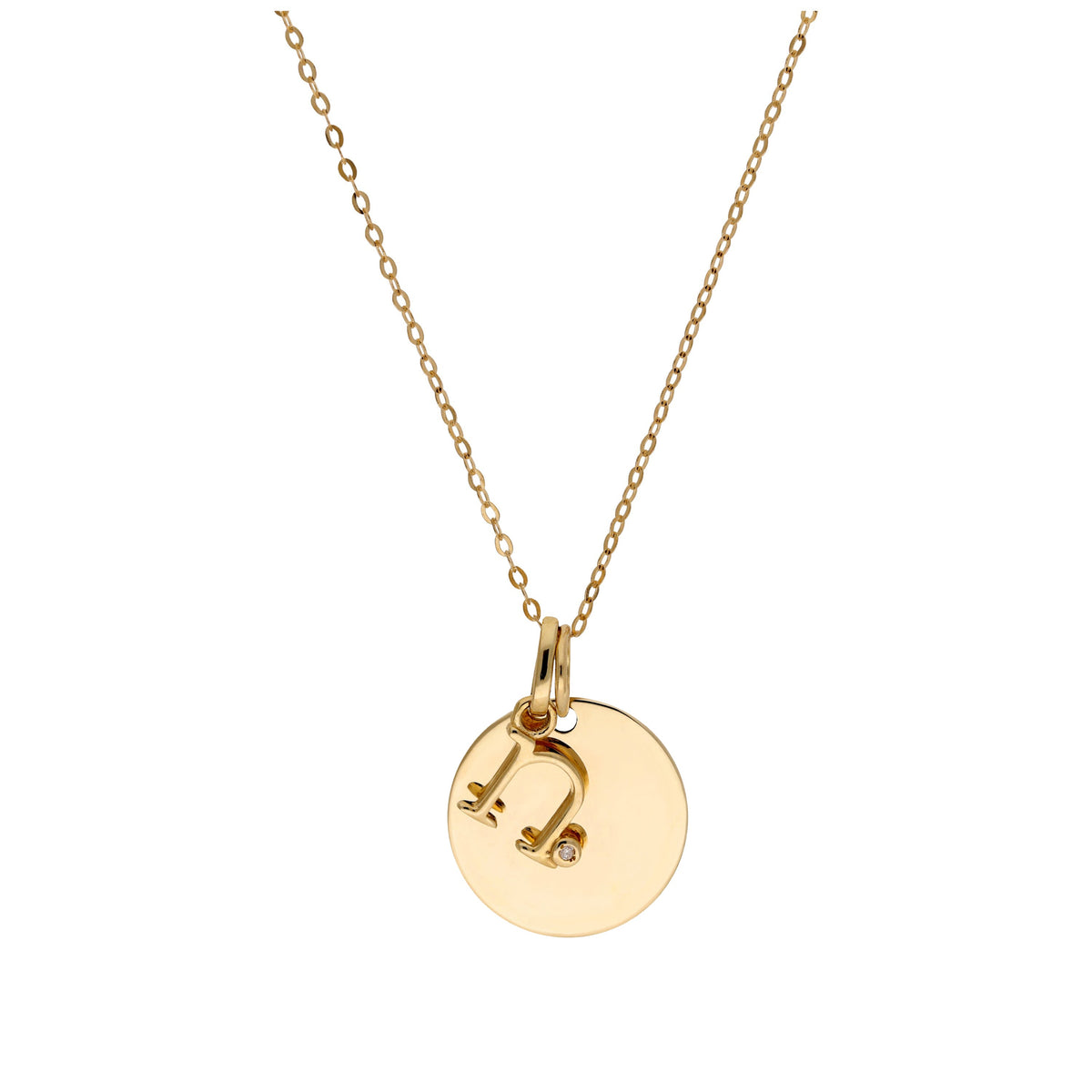Halskette aus 9 Karat Gold mit Diamant (0,4 pt), Buchstabe A - Z und rundem Gravurplättchen, 40,5 - 51 cm