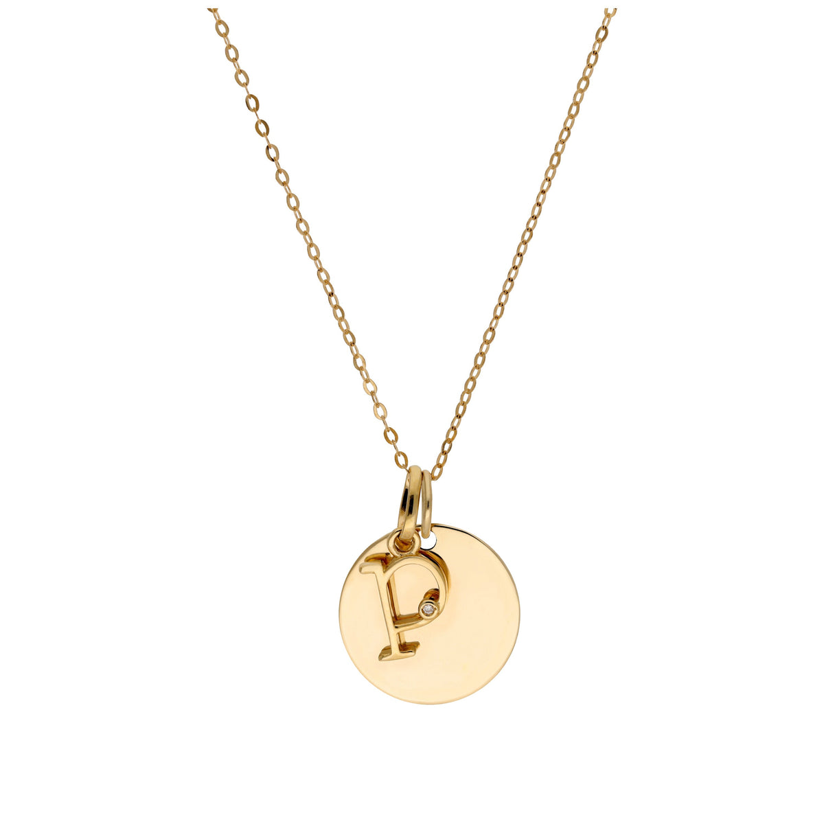 Halskette aus 9 Karat Gold mit Diamant (0,4 pt), Buchstabe A - Z und rundem Gravurplättchen, 40,5 - 51 cm