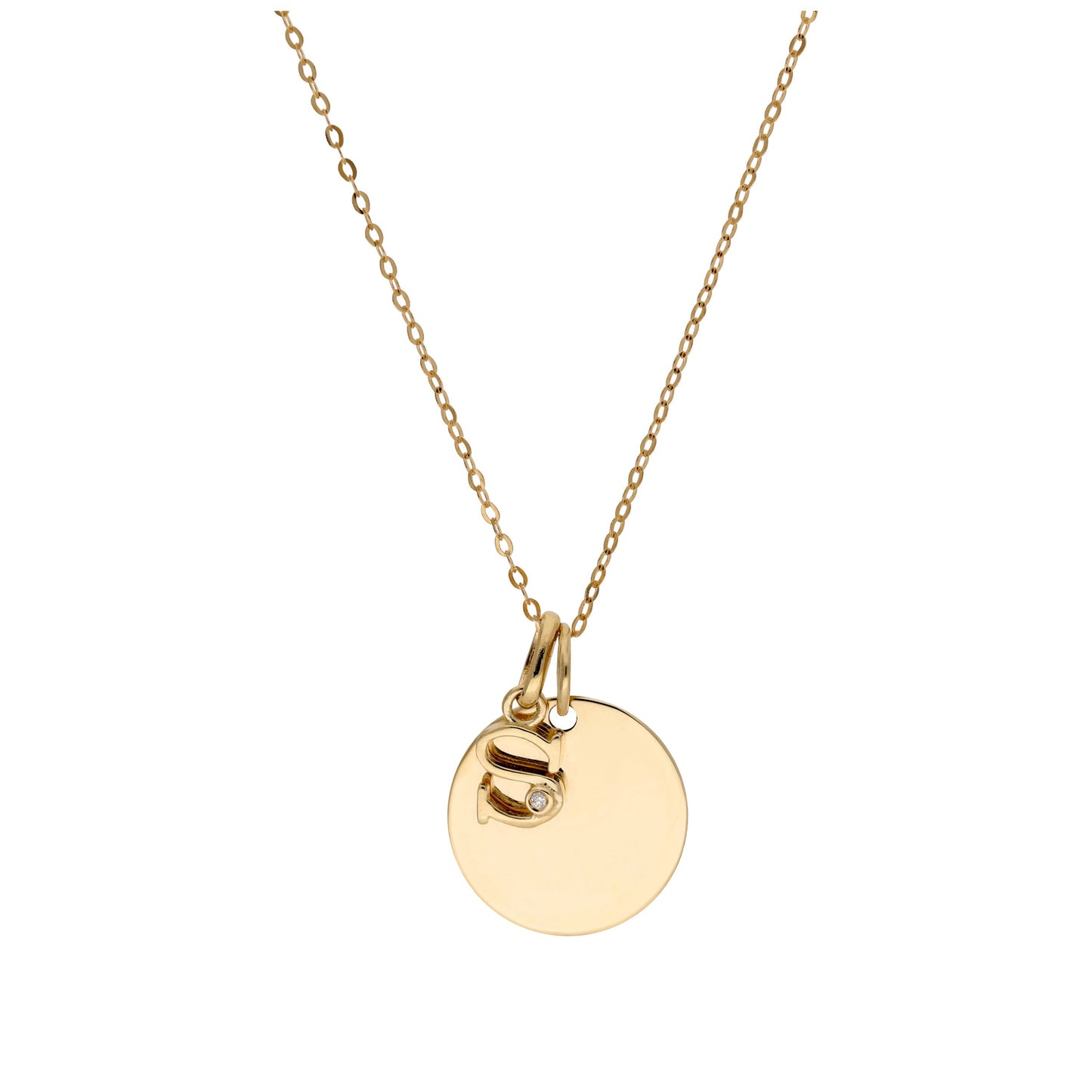 9ct Gold 0.4pts Diamond Letter A - Z & Engravable Round Tag Necklace 16 - 20 Inches