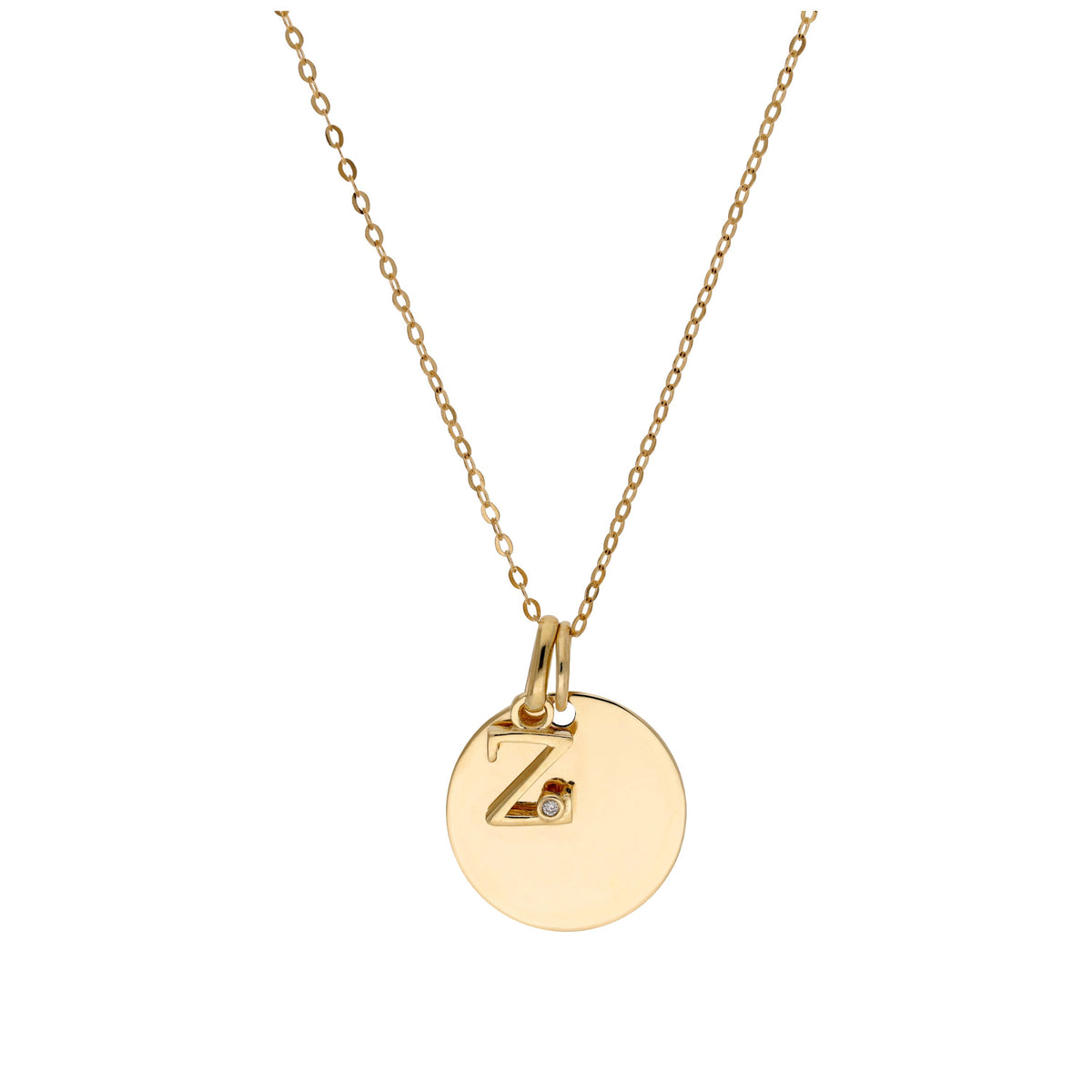 Halskette aus 9 Karat Gold mit Diamant (0,4 pt), Buchstabe A - Z und rundem Gravurplättchen, 40,5 - 51 cm